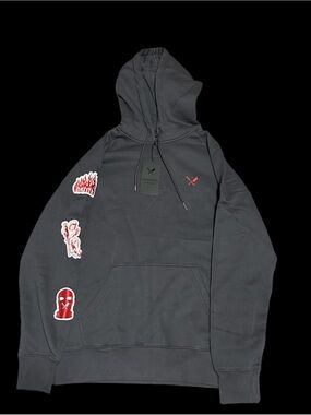 Distorted People Tattoo PatchMen's Black Graphic Hoodie Sweatshirt - Red Accents